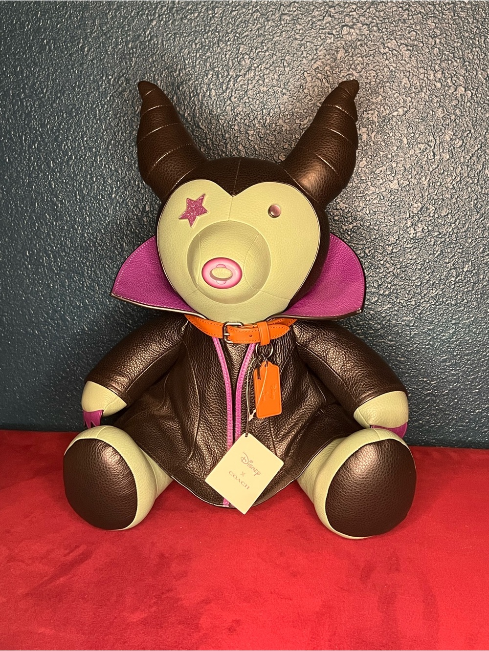 Coach Leather Plush Bear in Brown, Cream & Purple with Orange Collar